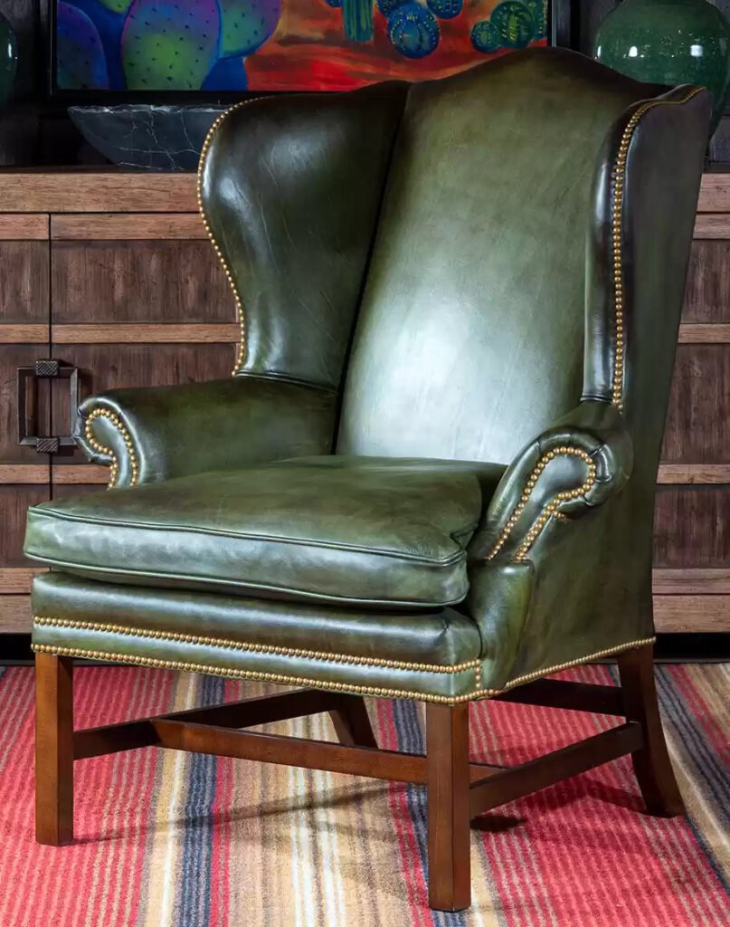 olive-green-leather wingback-chair